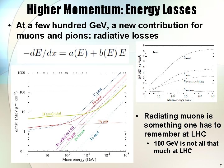 Higher Momentum: Energy Losses • At a few hundred Ge. V, a new contribution