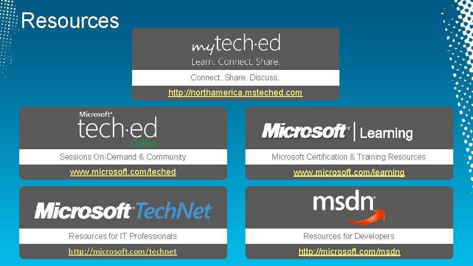Resources Connect. Share. Discuss. http: //northamerica. msteched. com Sessions On-Demand & Community Microsoft Certification Resources Connect. Share. Discuss. http: //northamerica. msteched. com Sessions On-Demand & Community Microsoft Certification