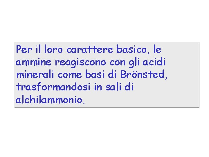 Per il loro carattere basico, le ammine reagiscono con gli acidi minerali come basi