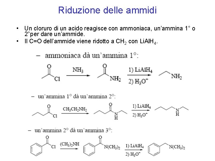 Riduzione delle ammidi • Un cloruro di un acido reagisce con ammoniaca, un’ammina 1°