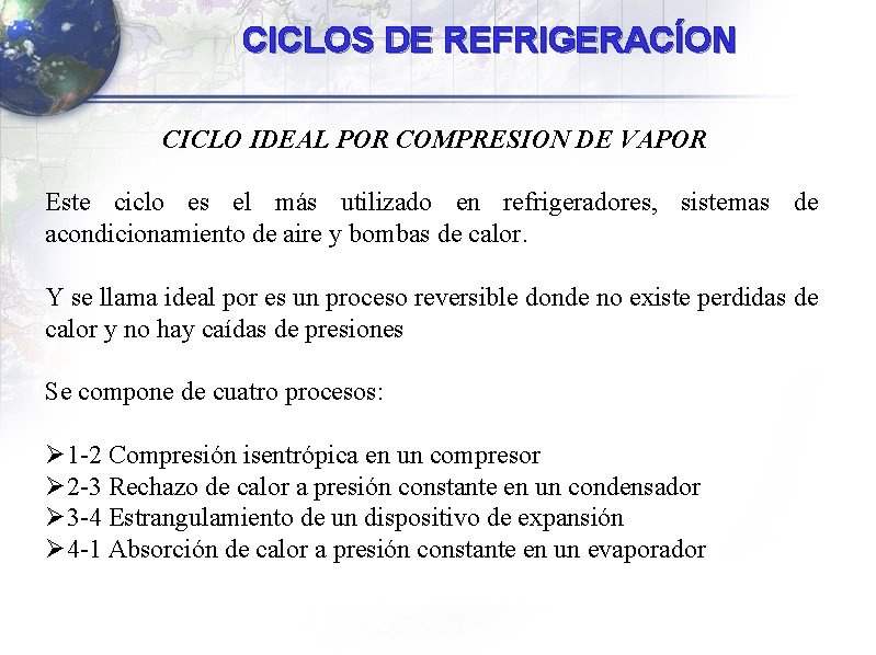 CICLOS DE REFRIGERACÍON CICLO IDEAL POR COMPRESION DE VAPOR Este ciclo es el más CICLOS DE REFRIGERACÍON CICLO IDEAL POR COMPRESION DE VAPOR Este ciclo es el más