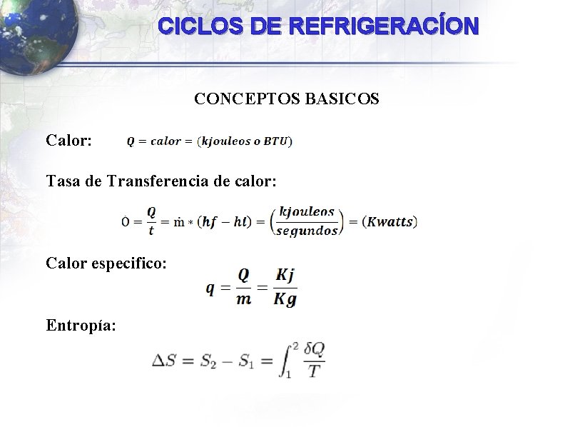 CICLOS DE REFRIGERACÍON CONCEPTOS BASICOS Calor: Tasa de Transferencia de calor: Calor especifico: Entropía: CICLOS DE REFRIGERACÍON CONCEPTOS BASICOS Calor: Tasa de Transferencia de calor: Calor especifico: Entropía: