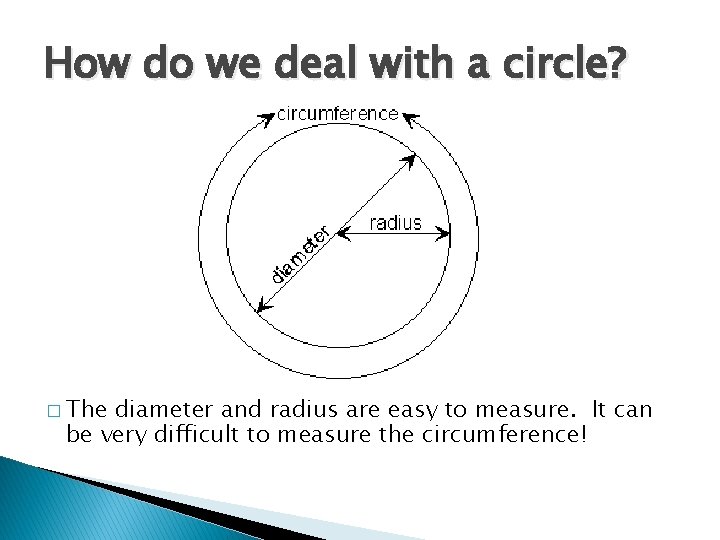 How do we deal with a circle? � The diameter and radius are easy