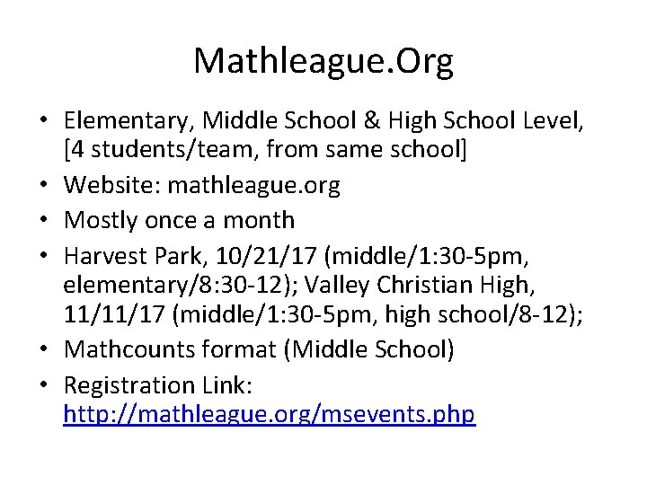 Mathleague. Org • Elementary, Middle School & High School Level, [4 students/team, from same