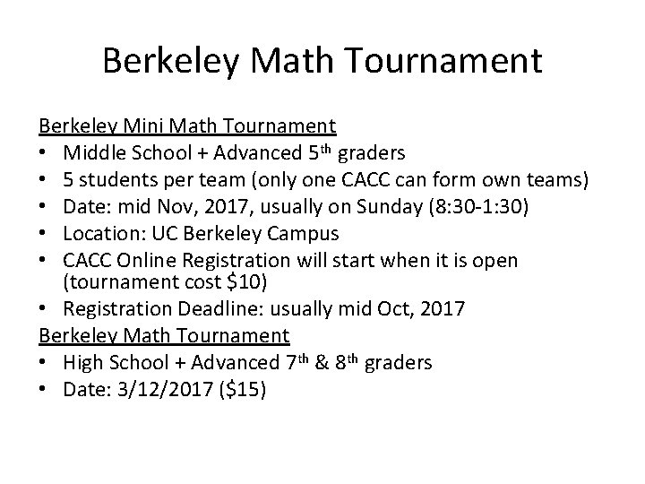 Berkeley Math Tournament Berkeley Mini Math Tournament • Middle School + Advanced 5 th