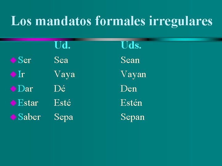 Los mandatos formales irregulares u Ser u Ir u Dar u Estar u Saber