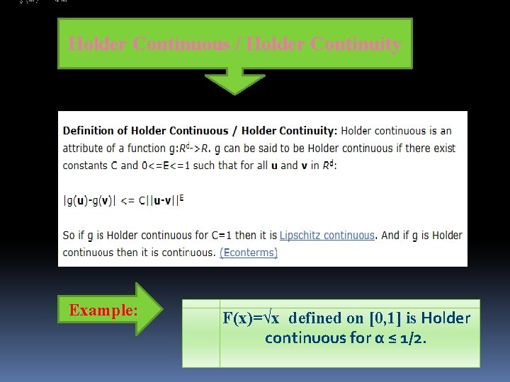 Holder Continuous / Holder Continuity Example: F(x)=√x defined on [0, 1] is Holder continuous