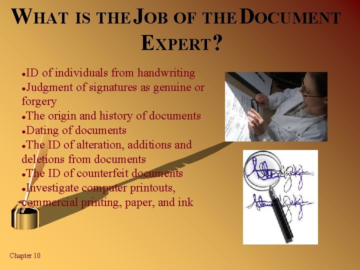 WHAT IS THE JOB OF THE DOCUMENT EXPERT? ID of individuals from handwriting ●Judgment