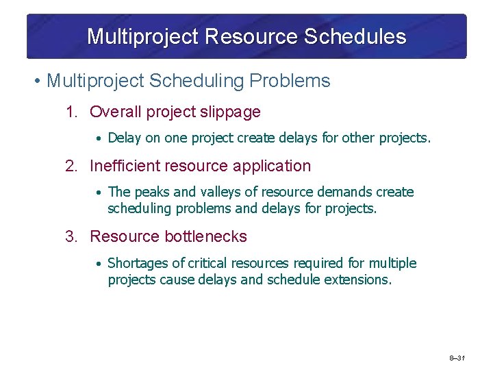 Multiproject Resource Schedules • Multiproject Scheduling Problems 1. Overall project slippage • Delay on