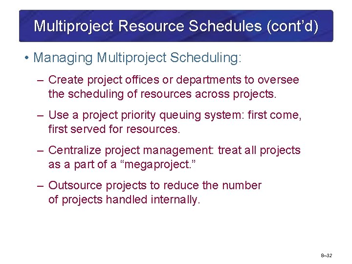 Multiproject Resource Schedules (cont’d) • Managing Multiproject Scheduling: – Create project offices or departments
