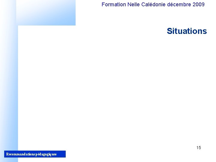 Formation Nelle Calédonie décembre 2009 Situations 15 Recommandations pédagogiques 15 