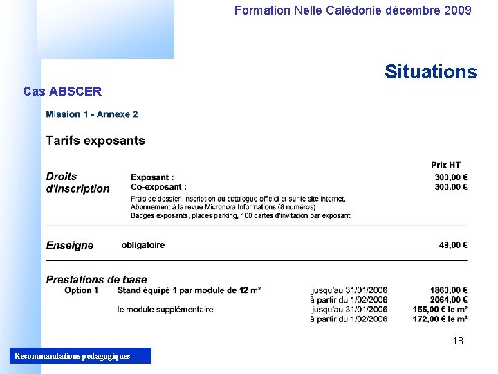 Formation Nelle Calédonie décembre 2009 Situations Cas ABSCER 18 Recommandations pédagogiques 18 