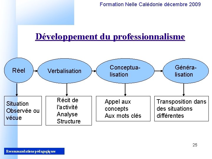 Formation Nelle Calédonie décembre 2009 Développement du professionnalisme Réel Verbalisation Conceptualisation Récit de l'activité