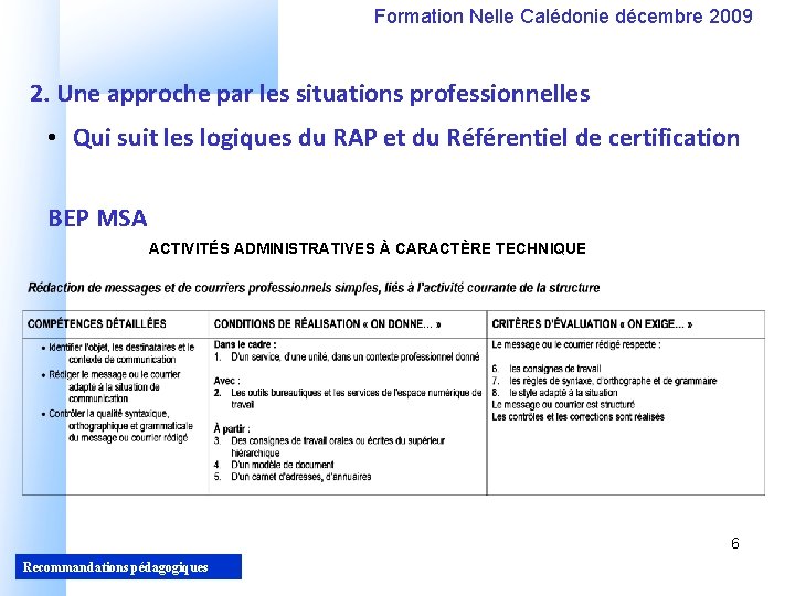 Formation Nelle Calédonie décembre 2009 2. Une approche par les situations professionnelles • Qui