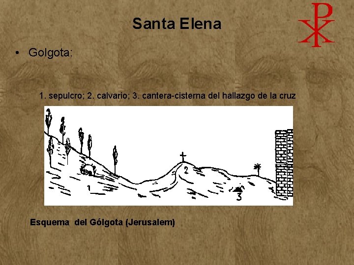 Santa Elena • Golgota: 1. sepulcro; 2. calvario; 3. cantera-cisterna del hallazgo de la Santa Elena • Golgota: 1. sepulcro; 2. calvario; 3. cantera-cisterna del hallazgo de la