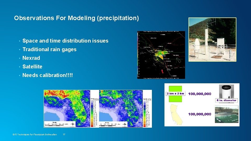 Observations For Modeling (precipitation) • Space and time distribution issues • Traditional rain gages