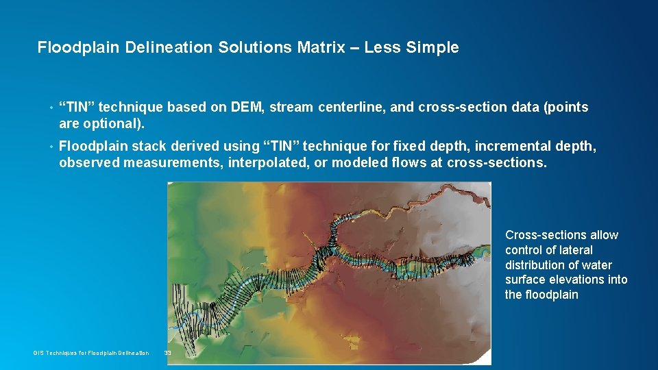 Floodplain Delineation Solutions Matrix – Less Simple • “TIN” technique based on DEM, stream