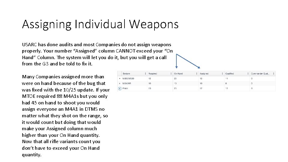 Assigning Individual Weapons USARC has done audits and most Companies do not assign weapons