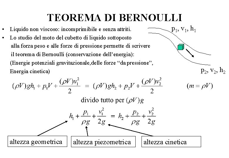 TEOREMA DI BERNOULLI • Liquido non viscoso: incomprimibile e senza attriti. • Lo studio