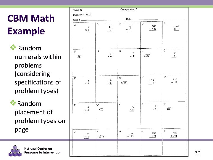 CBM Math Example v. Random numerals within problems (considering specifications of problem types) v.