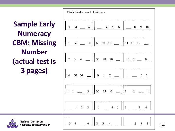 Sample Early Numeracy CBM: Missing Number (actual test is 3 pages) National Center on