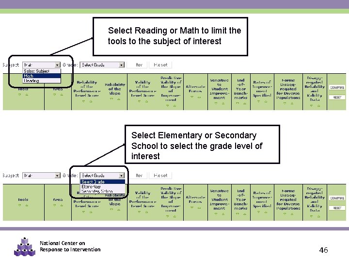 Select Reading or Math to limit the tools to the subject of interest Select