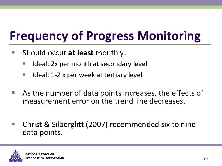 Frequency of Progress Monitoring § Should occur at least monthly. § Ideal: 2 x