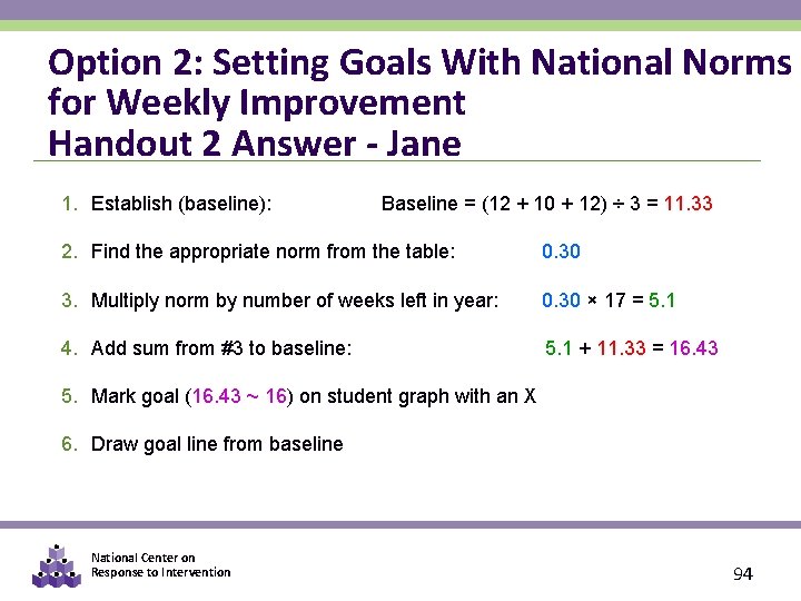 Option 2: Setting Goals With National Norms for Weekly Improvement Handout 2 Answer -