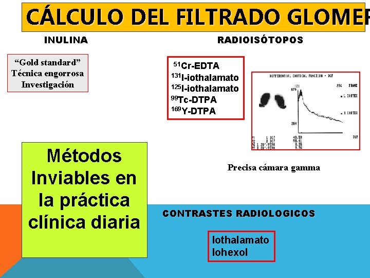 CÁLCULO DEL FILTRADO GLOMER INULINA “Gold standard” Técnica engorrosa Investigación RADIOISÓTOPOS 51 Cr-EDTA 131