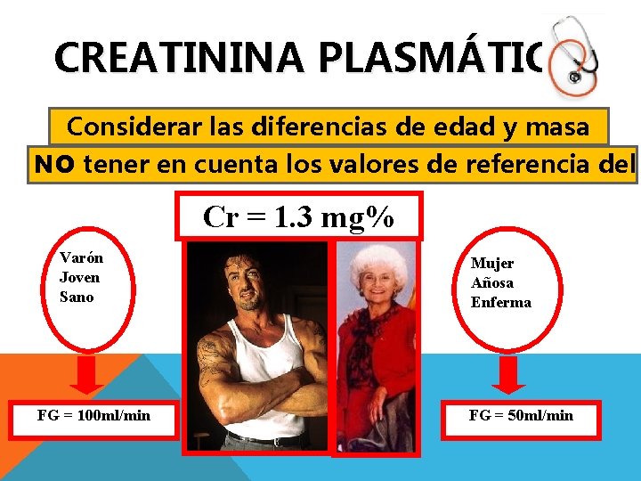 CREATININA PLASMÁTICA Considerar las diferencias de edad y masa NO tener en cuentamuscular los CREATININA PLASMÁTICA Considerar las diferencias de edad y masa NO tener en cuentamuscular los