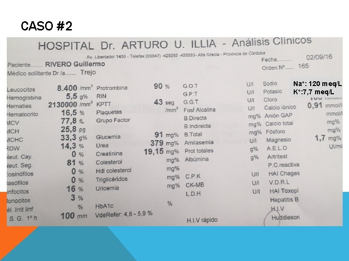 CASO #2 Na+: 120 meq/L K+: 7, 7 meq/L 