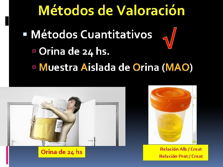 Métodos de Valoración Métodos Cuantitativos Orina de 24 hs. √ Muestra Aislada de Orina