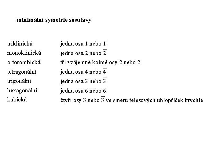 minimální symetrie sosutavy triklinická jedna osa 1 nebo 1 monoklinická jedna osa 2 nebo