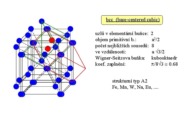 bcc (base-centered cubic) uzlů v elementární buňce: objem primitivní b. : počet nejbližších sousedů: