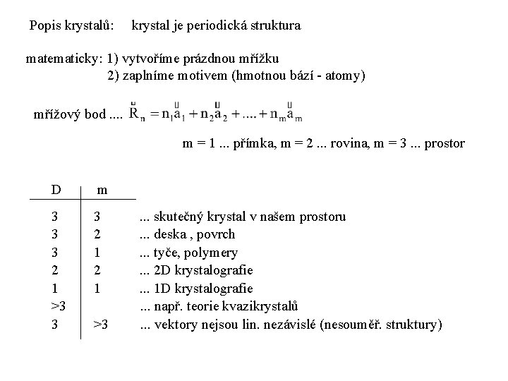 Popis krystalů: krystal je periodická struktura matematicky: 1) vytvoříme prázdnou mřížku 2) zaplníme motivem