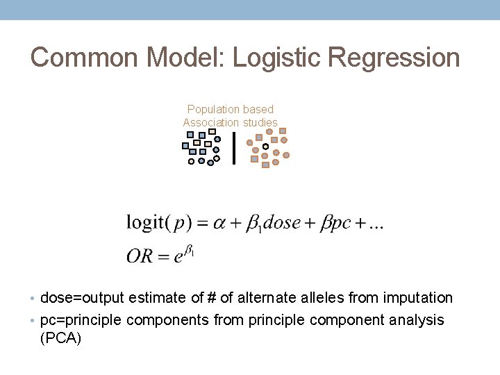 Common Model: Logistic Regression Population based Association studies • dose=output estimate of # of