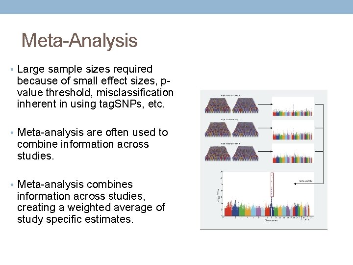 Meta-Analysis • Large sample sizes required because of small effect sizes, pvalue threshold, misclassification