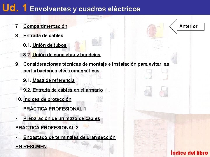 Ud. 1 Envolventes y cuadros eléctricos 7. Compartimentación Anterior 8. Entrada de cables 8. Ud. 1 Envolventes y cuadros eléctricos 7. Compartimentación Anterior 8. Entrada de cables 8.
