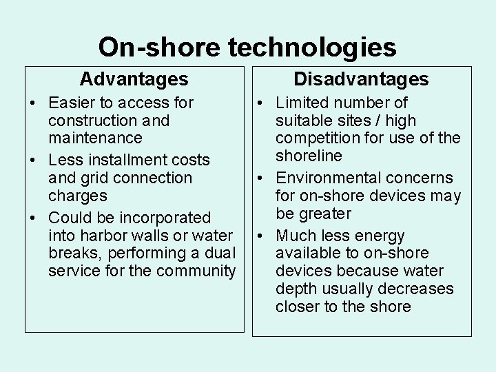 On-shore technologies Advantages Disadvantages • Easier to access for • Limited number of construction On-shore technologies Advantages Disadvantages • Easier to access for • Limited number of construction