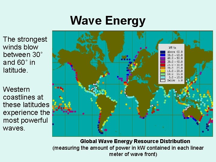 Wave Energy The strongest winds blow between 30˚ and 60˚ in latitude. Western coastlines Wave Energy The strongest winds blow between 30˚ and 60˚ in latitude. Western coastlines