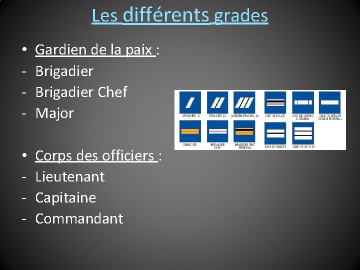 Les différents grades • - Gardien de la paix : Brigadier Chef Major •