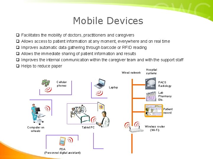Mobile Devices q q q Facilitates the mobility of doctors, practitioners and caregivers Allows Mobile Devices q q q Facilitates the mobility of doctors, practitioners and caregivers Allows