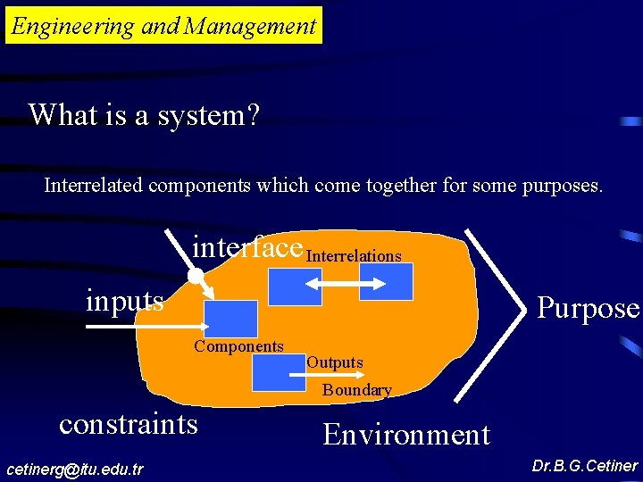 Engineering and Management What is a system? Interrelated components which come together for some