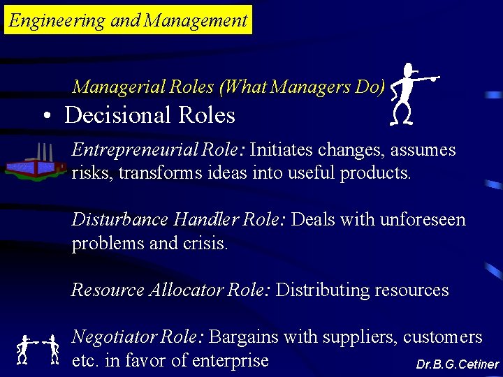 Engineering and Management Managerial Roles (What Managers Do) • Decisional Roles Entrepreneurial Role: Initiates