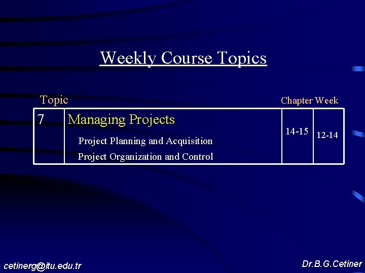 Weekly Course Topics Topic 7 Chapter Week Managing Projects Project Planning and Acquisition 14