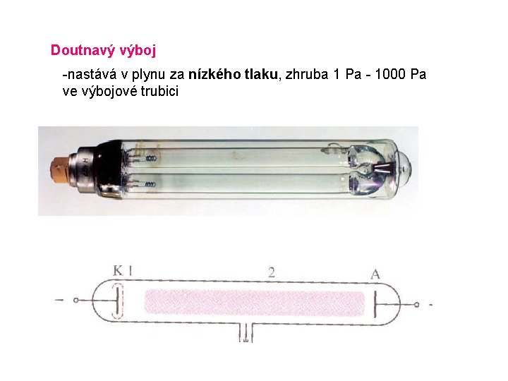 Doutnavý výboj -nastává v plynu za nízkého tlaku, zhruba 1 Pa - 1000 Pa