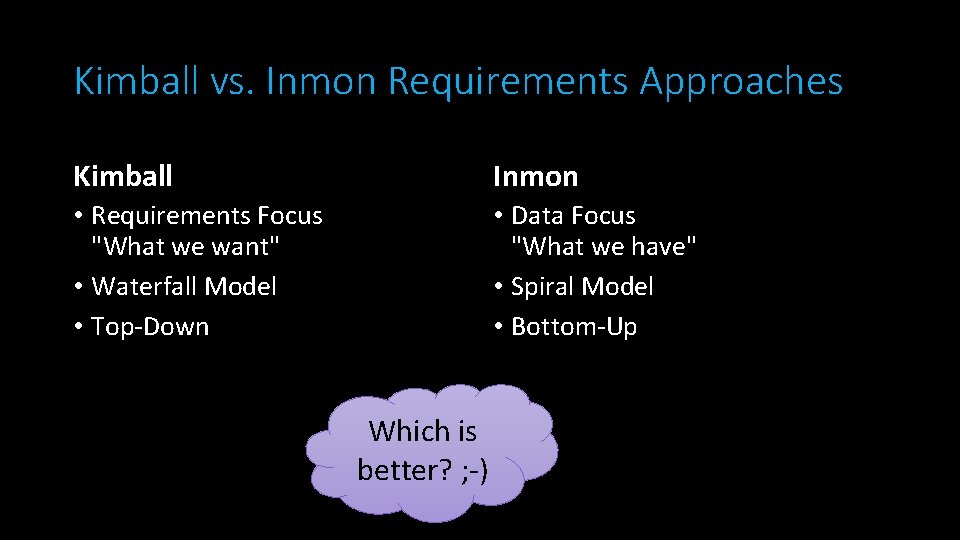 Kimball vs. Inmon Requirements Approaches Kimball Inmon • Requirements Focus "What we want" •