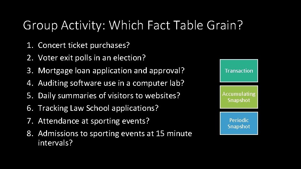 Group Activity: Which Fact Table Grain? 1. 2. 3. 4. 5. 6. 7. 8.