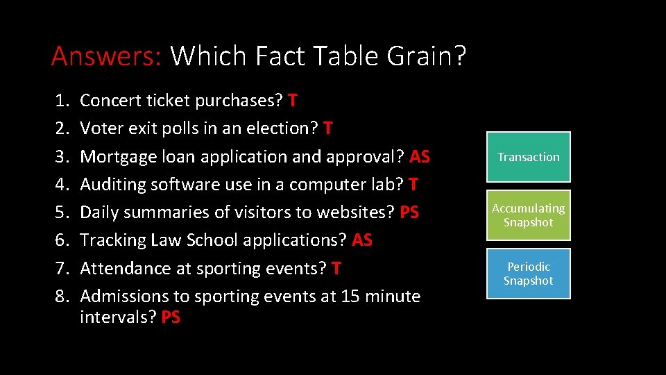 Answers: Which Fact Table Grain? 1. 2. 3. 4. 5. 6. 7. 8. Concert