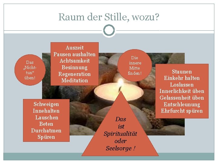 Raum der Stille, wozu? Das „Nichttun“ üben! Auszeit Pausen aushalten Achtsamkeit Besinnung Regeneration Meditation